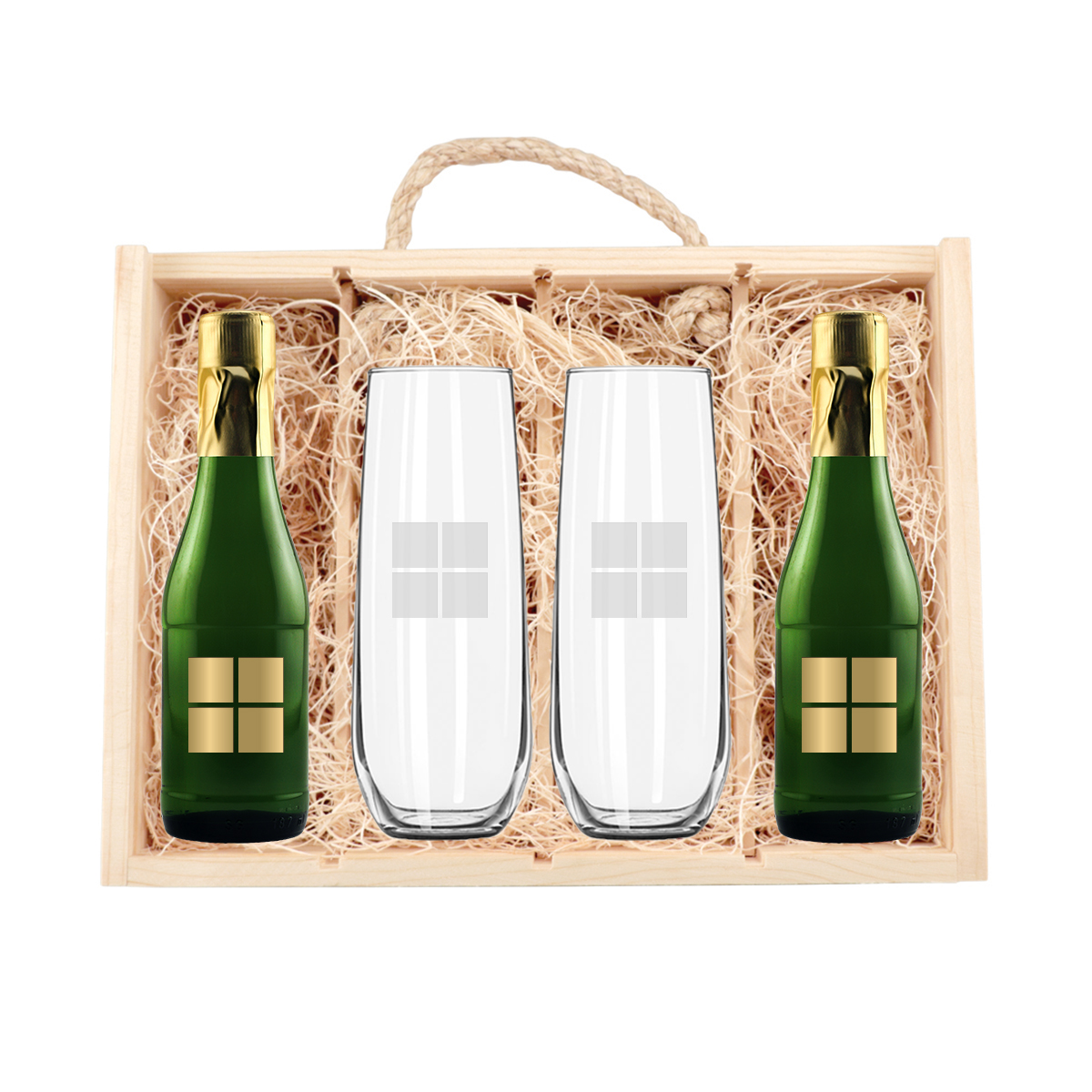Rustic Laser-Engraved Wood Box w/2 Etched Mini Bubbles & 2 Etched Glasses