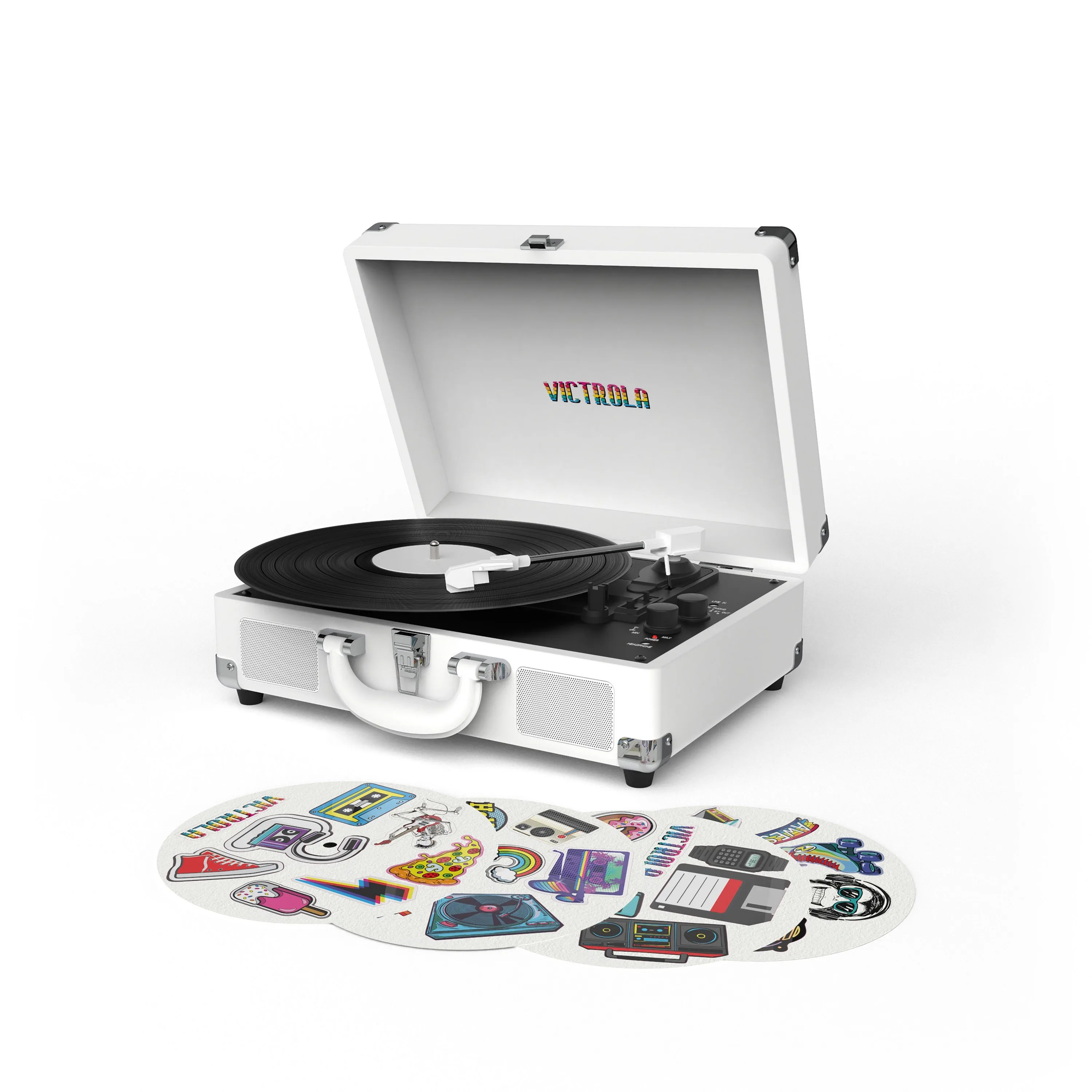Victrola Bluetooth Suitcase Turntable Canvas w/Custom Stickers And Stencils (White)
