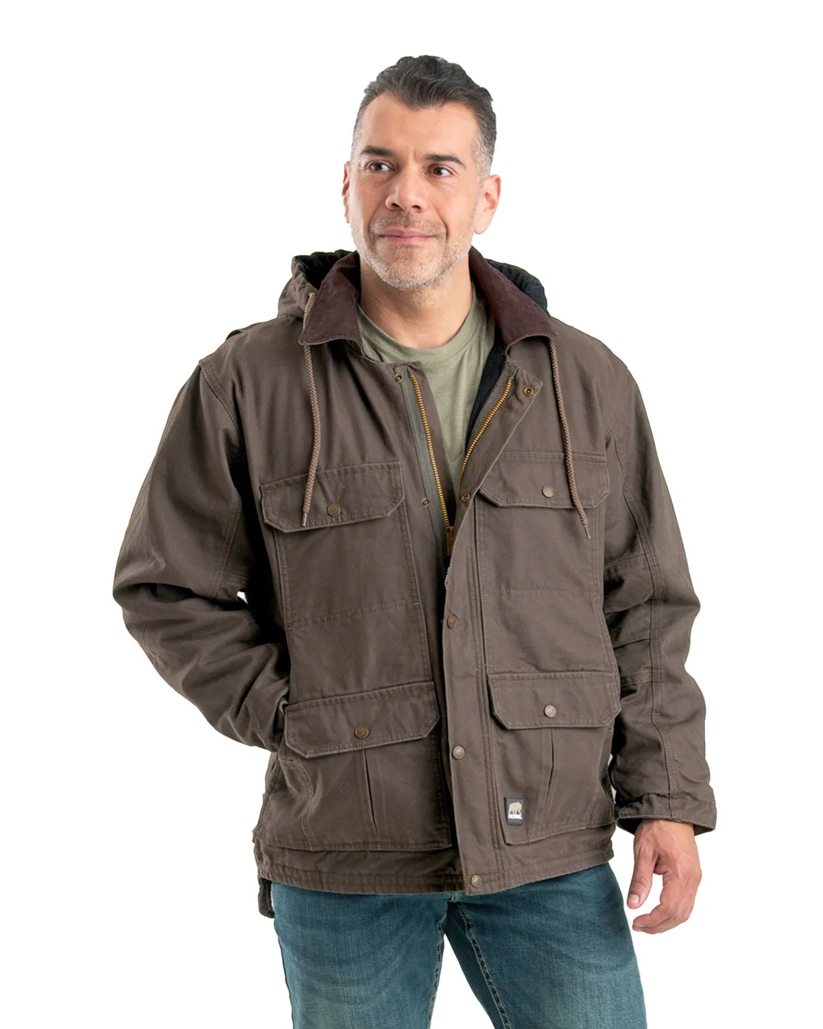 Berne Apparel Men's Heartland Washed Duck Zip-Off Hooded Coat view 2