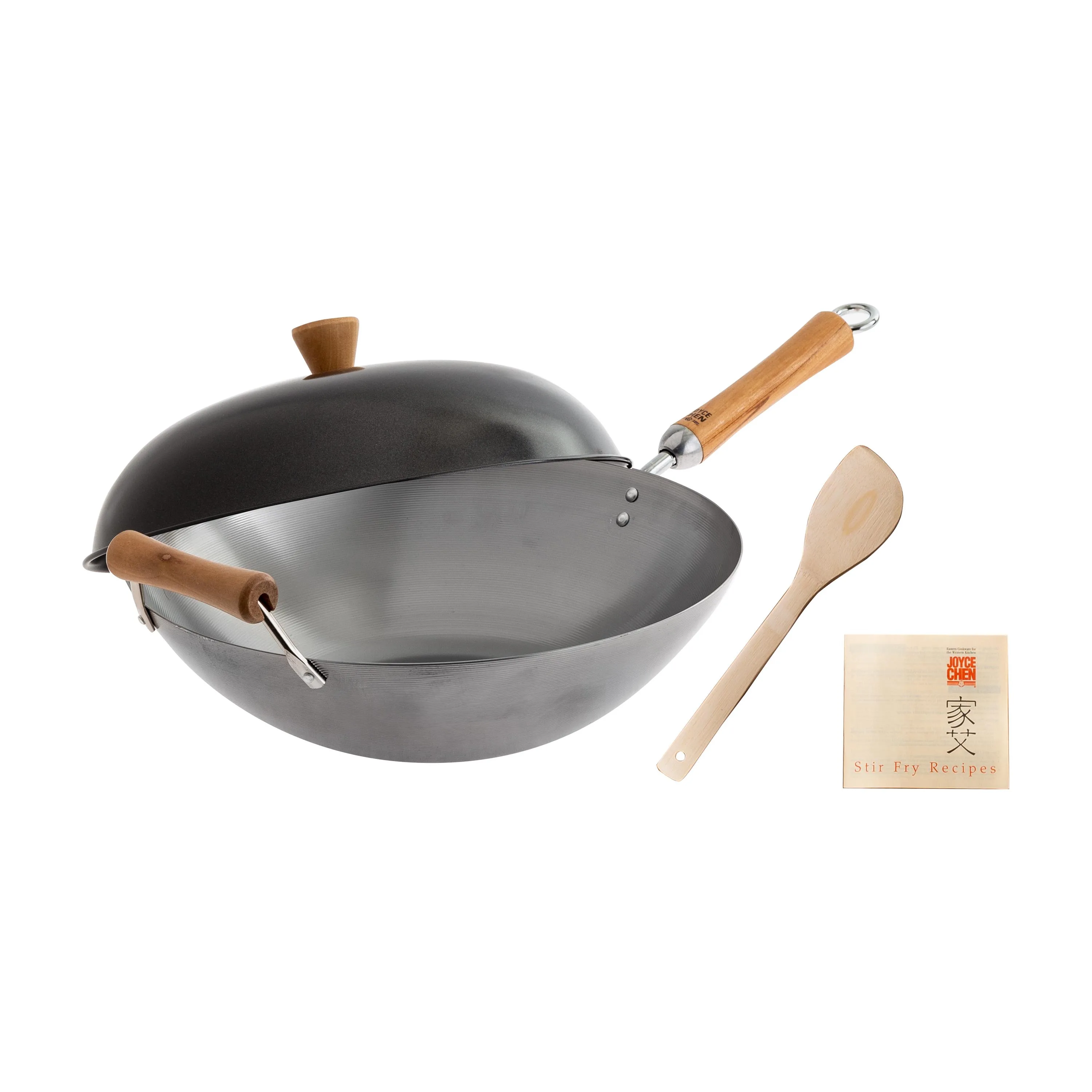 KitchenSupply Joyce Chen Classic Series 14" Uncoated Carbon Flat Bottom Wok Set W/Lid & Birch Handle