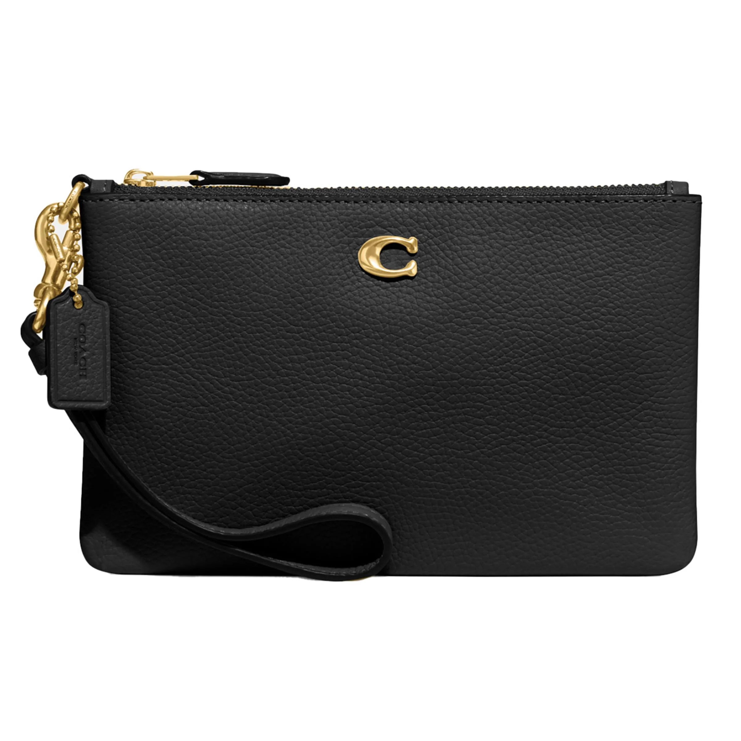 COACH® Polished Pebble Leather Small Wristlet - Black/Brass