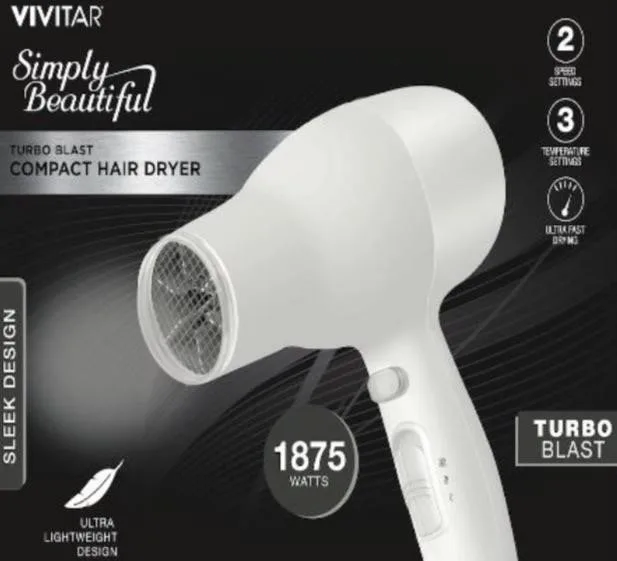 Health, Beauty & Fitness Vivitar 1875 Watt Turbo Blast Compact Hair Dryer - White