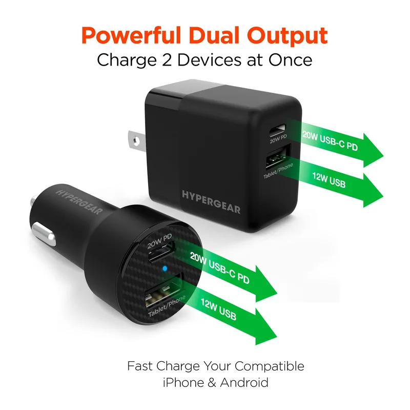 HYPERCEL Hypergear Wall/Car Charger Bundle 20W Usb-C Pd + 12W Black