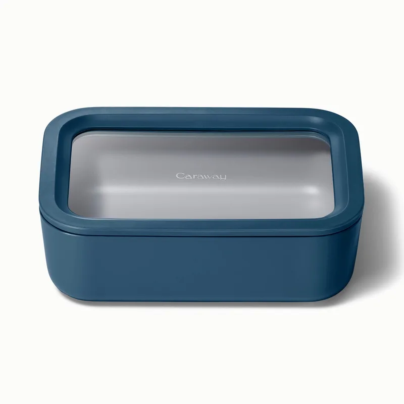 Caraway 6.6 Cup Glass Food Container Rectangular Shape W/ Lid Navy