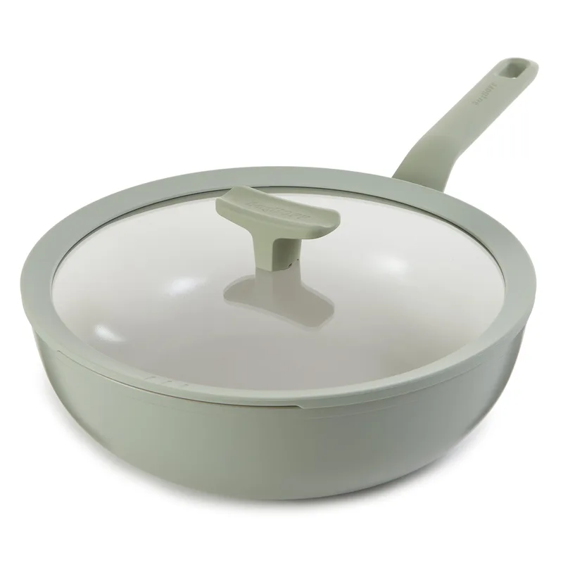BergHoff Leo Balance Ceramic Wok Pan 11", 4.4Qt. w/Glass Lid, Recycled Aluminum, Sage